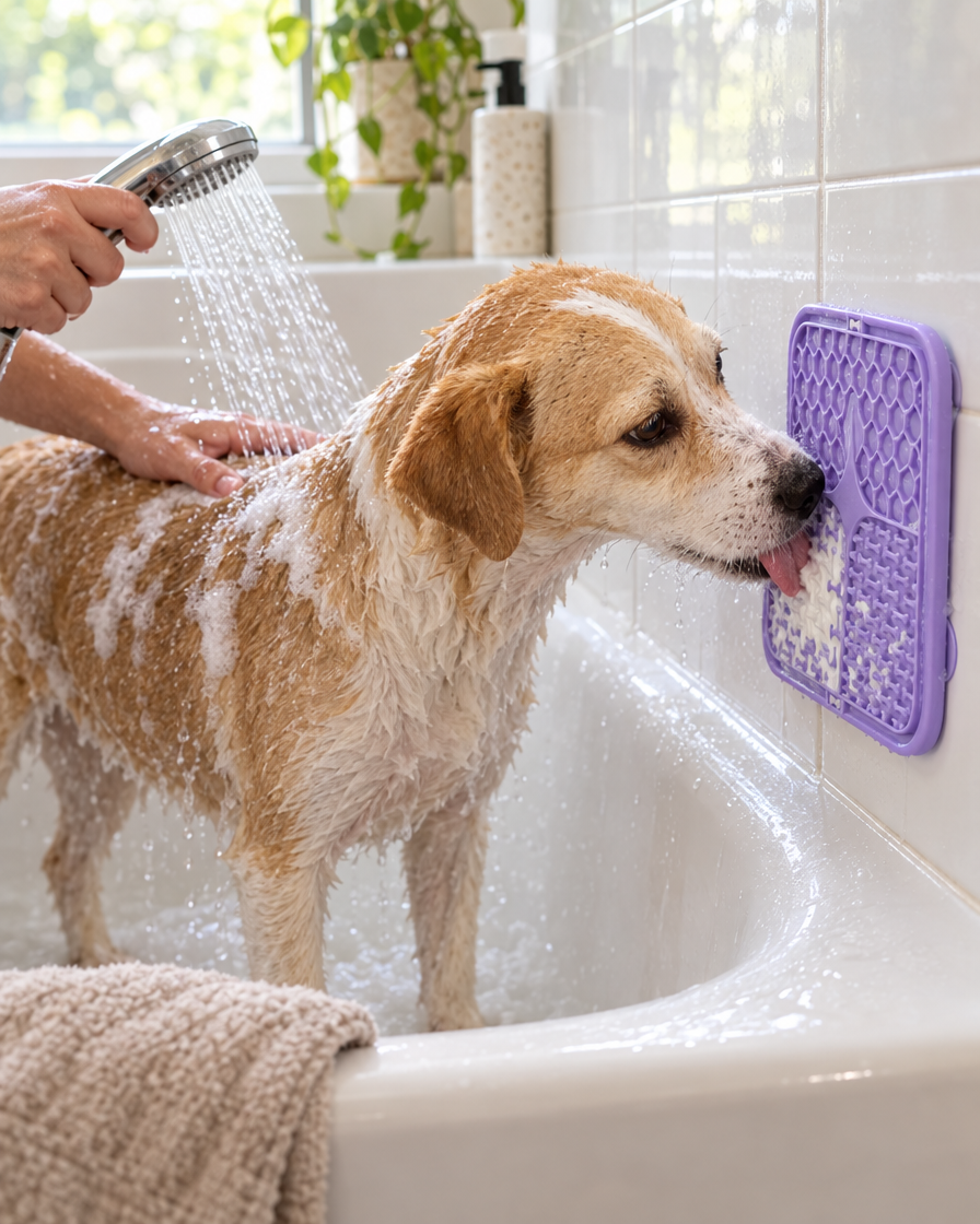 Chien sous la douche qui lèche le tapis LAPI collé au carrelage