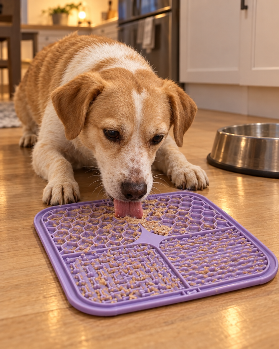 Chien qui lèche sa pâtée dans les reliefs du tapis LAPI