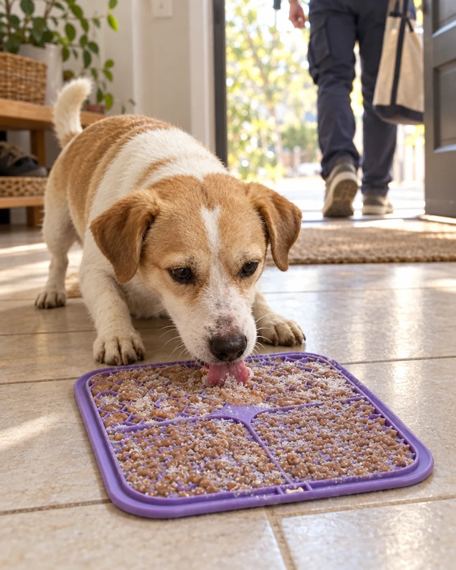Chien occupé par son tapis LAPI violet pendant que son maître part au travail